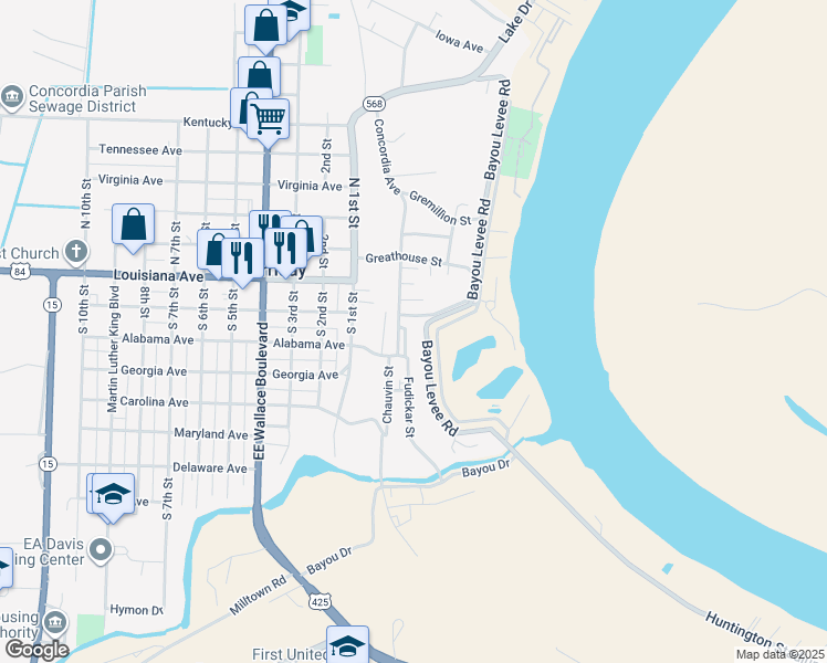 map of restaurants, bars, coffee shops, grocery stores, and more near 134 Fudickar Street in Ferriday