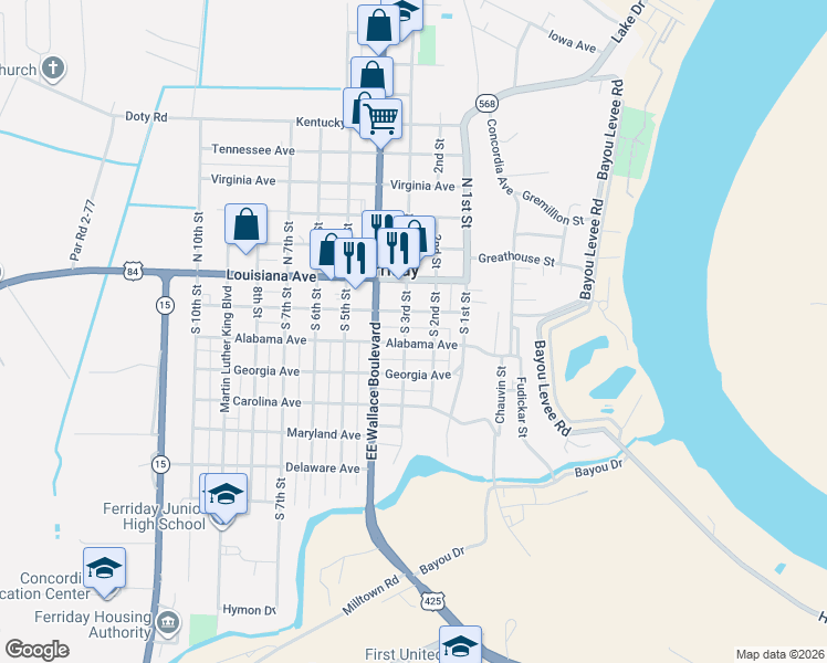 map of restaurants, bars, coffee shops, grocery stores, and more near 704-708 South 3rd Street in Ferriday