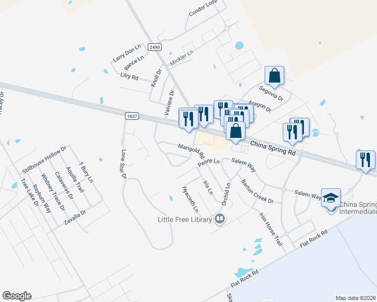 map of restaurants, bars, coffee shops, grocery stores, and more near 10176 Cougar Ridge Parkway in Waco
