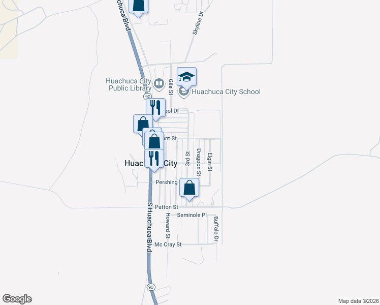 map of restaurants, bars, coffee shops, grocery stores, and more near 301 3rd Street in Huachuca City