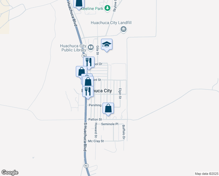 map of restaurants, bars, coffee shops, grocery stores, and more near 301 3rd Street in Huachuca City