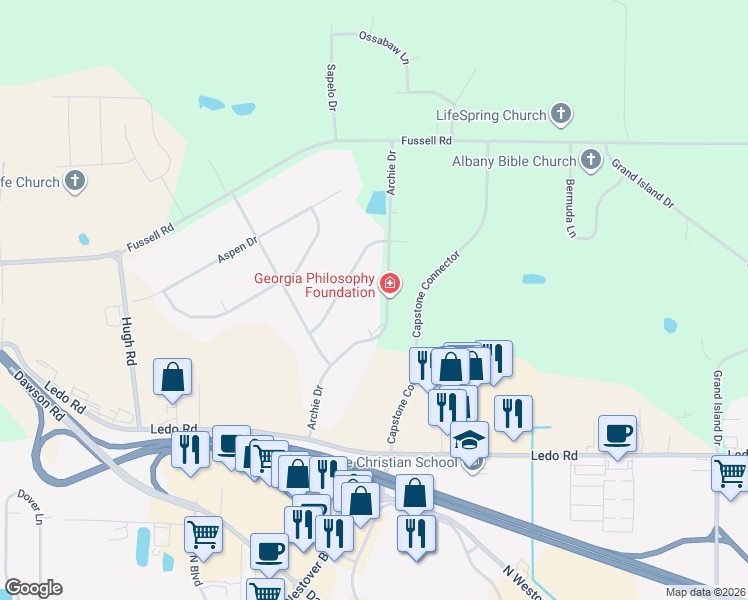 map of restaurants, bars, coffee shops, grocery stores, and more near 206 Archie Drive in Albany