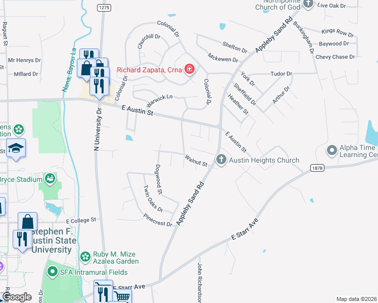 map of restaurants, bars, coffee shops, grocery stores, and more near 1531 Walnut Drive in Nacogdoches