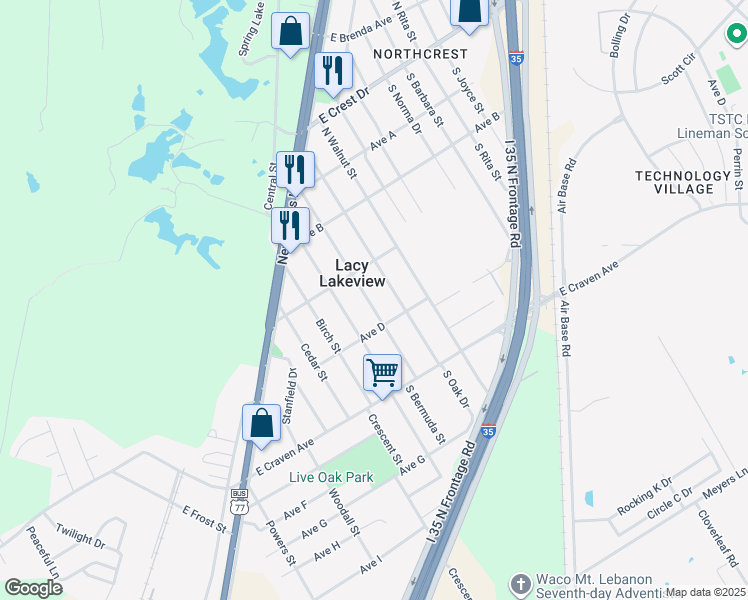 map of restaurants, bars, coffee shops, grocery stores, and more near 207 North Lakeview Drive in Waco