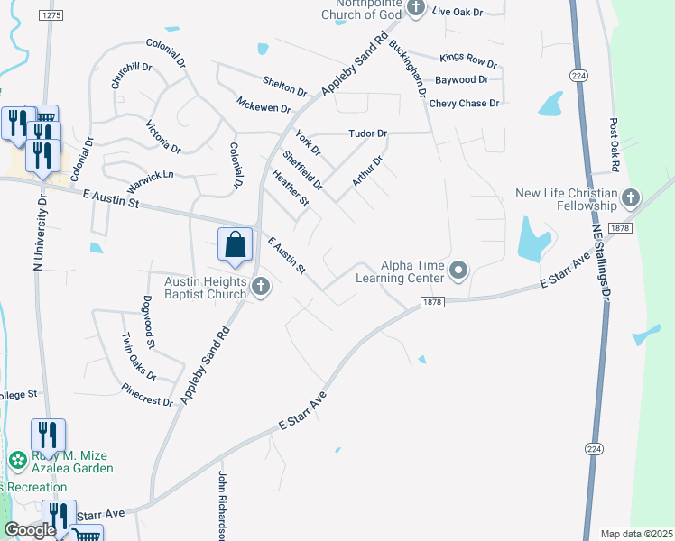 map of restaurants, bars, coffee shops, grocery stores, and more near 2104 Creekview Bend in Nacogdoches