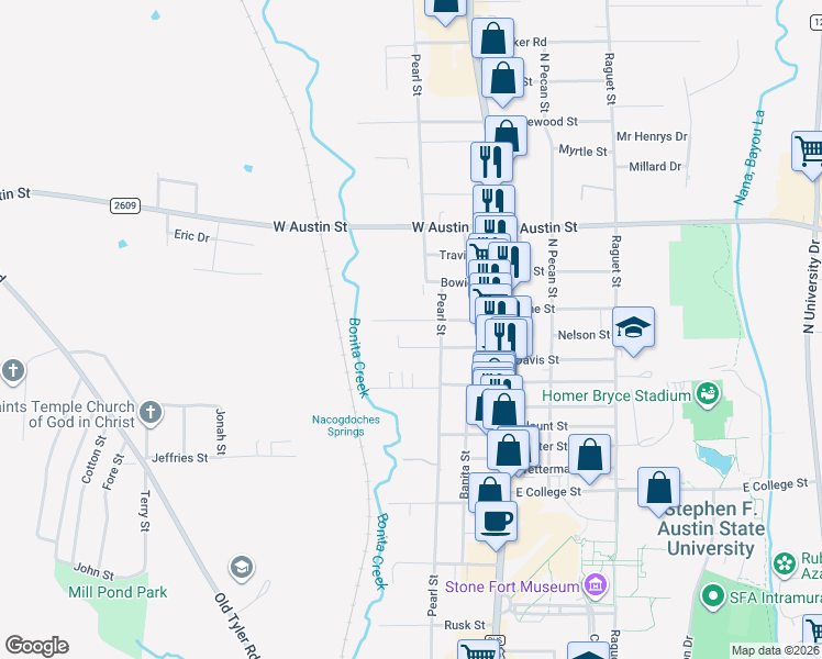 map of restaurants, bars, coffee shops, grocery stores, and more near 2807 Pearl Street in Nacogdoches