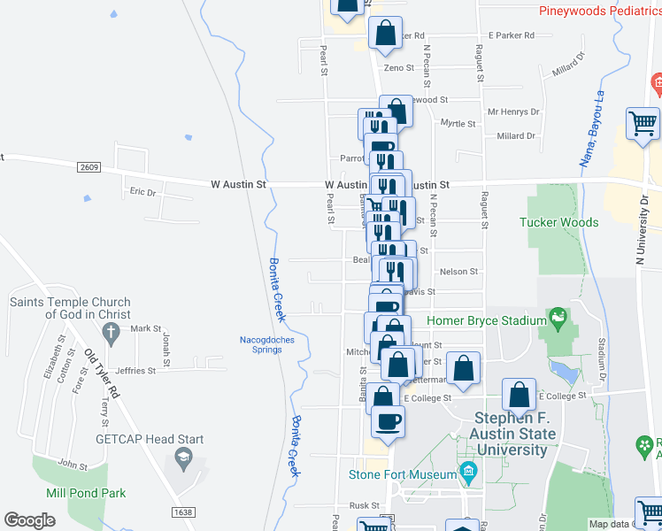 map of restaurants, bars, coffee shops, grocery stores, and more near 2807 Pearl Street in Nacogdoches