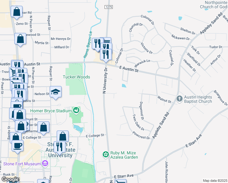 map of restaurants, bars, coffee shops, grocery stores, and more near 203 Meadowbrook Drive in Nacogdoches