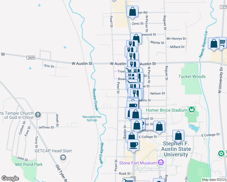 map of restaurants, bars, coffee shops, grocery stores, and more near 2807 Pearl Street in Nacogdoches