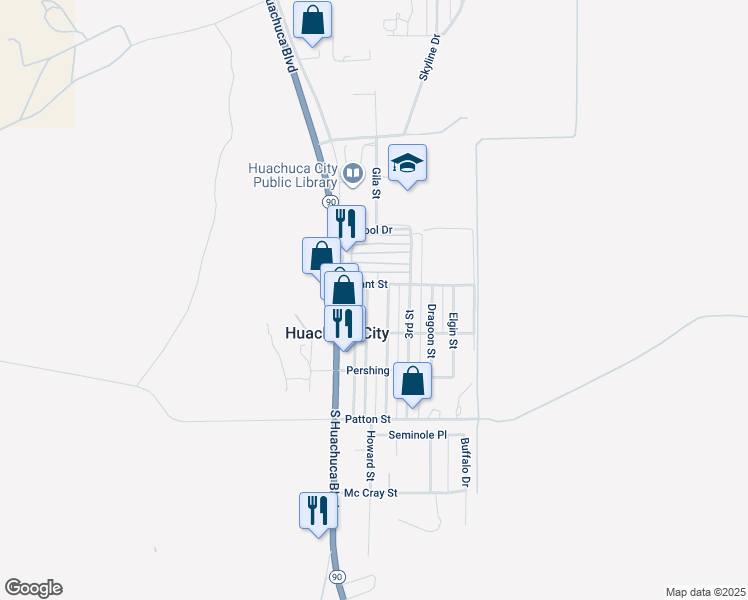 map of restaurants, bars, coffee shops, grocery stores, and more near 306 1st Street in Huachuca City