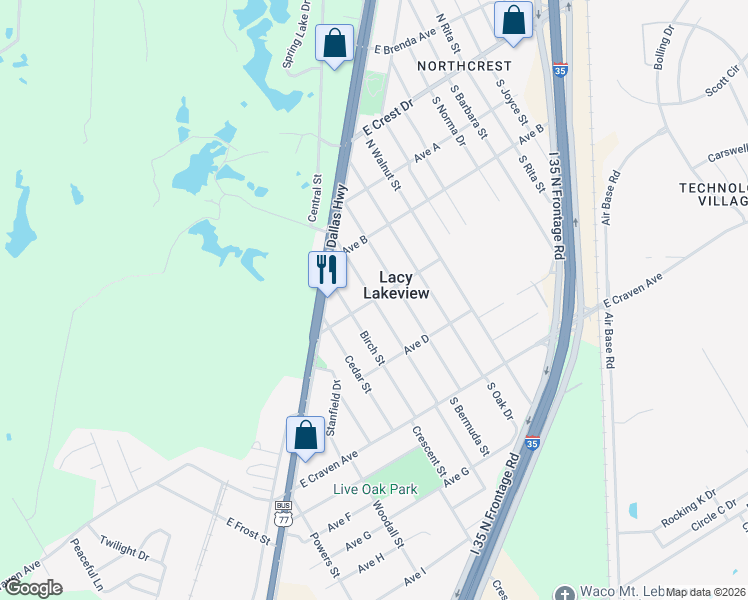 map of restaurants, bars, coffee shops, grocery stores, and more near 301 North Lakeview Drive in Lacy Lakeview