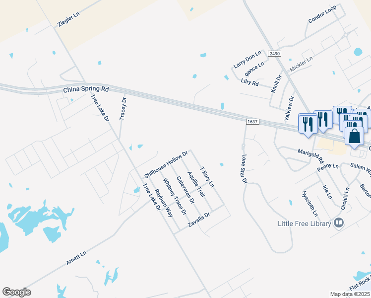 map of restaurants, bars, coffee shops, grocery stores, and more near 5413 Stillhouse Hollow in Waco