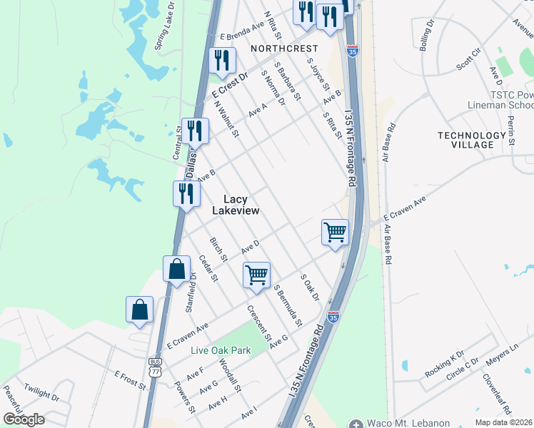 map of restaurants, bars, coffee shops, grocery stores, and more near 215 North Oak Drive in Waco