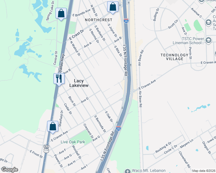 map of restaurants, bars, coffee shops, grocery stores, and more near 1012 Hooks St in Waco