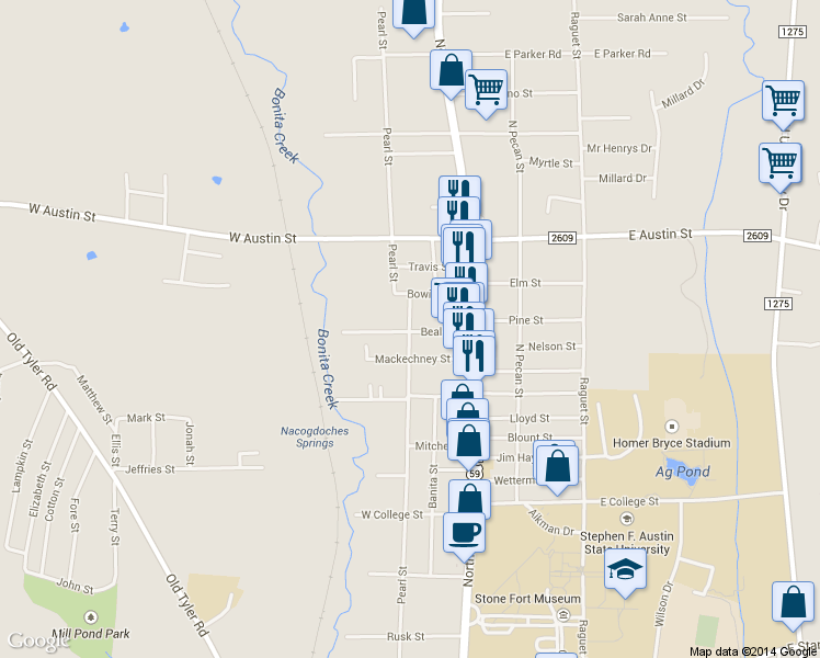 map of restaurants, bars, coffee shops, grocery stores, and more near 2800-2898 Pearl Street in Nacogdoches