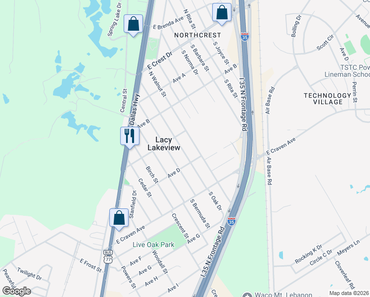 map of restaurants, bars, coffee shops, grocery stores, and more near 215 North Oak Drive in Waco