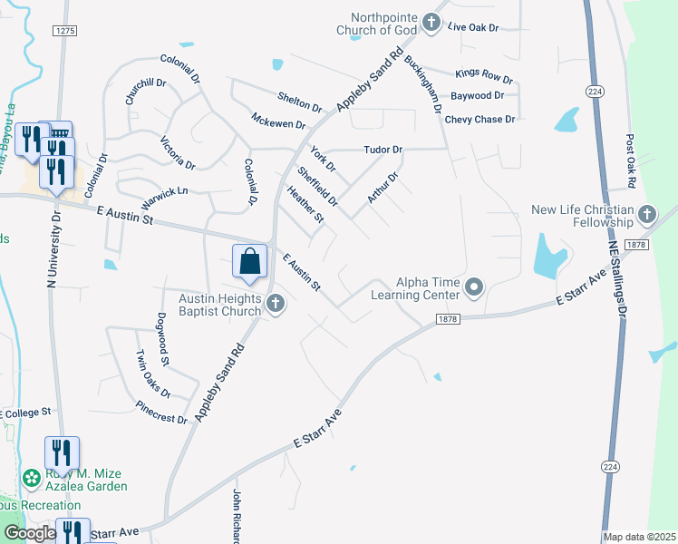 map of restaurants, bars, coffee shops, grocery stores, and more near 2104 Creekview Bend in Nacogdoches