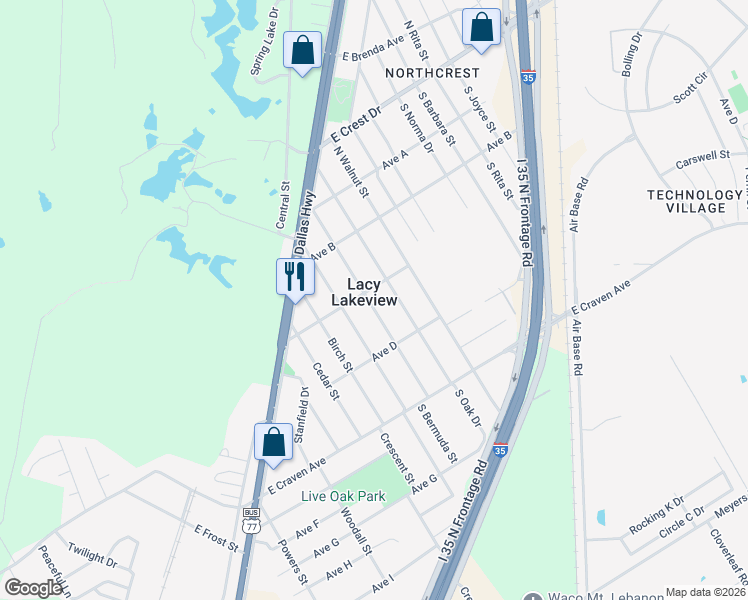 map of restaurants, bars, coffee shops, grocery stores, and more near 225 North Bermuda Street in Waco
