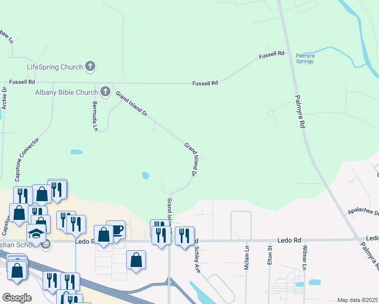 map of restaurants, bars, coffee shops, grocery stores, and more near 200 Grand Island Drive in Albany