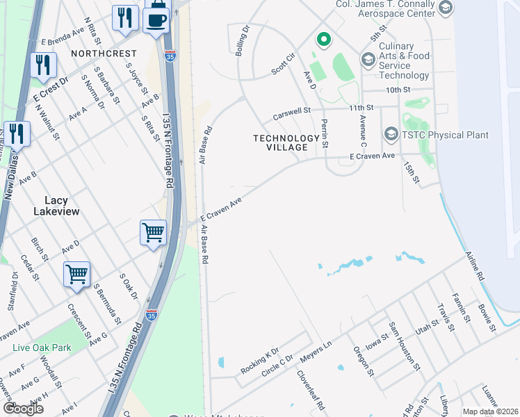 map of restaurants, bars, coffee shops, grocery stores, and more near 216 Langley Drive in Waco