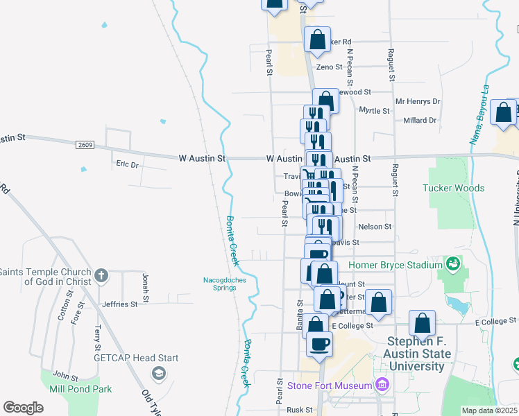 map of restaurants, bars, coffee shops, grocery stores, and more near 2807 Pearl Street in Nacogdoches