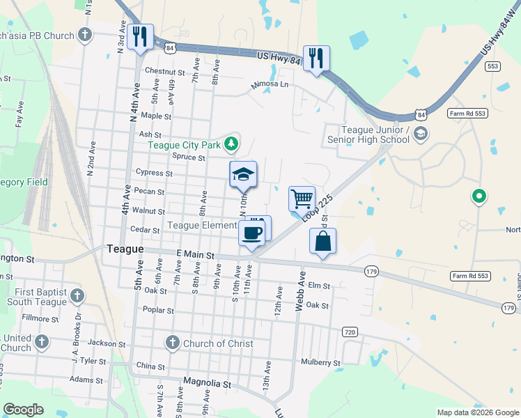 map of restaurants, bars, coffee shops, grocery stores, and more near 400 North 10th Street in Teague