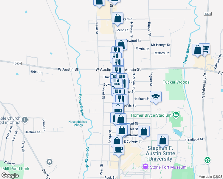 map of restaurants, bars, coffee shops, grocery stores, and more near 2805 North Street in Nacogdoches
