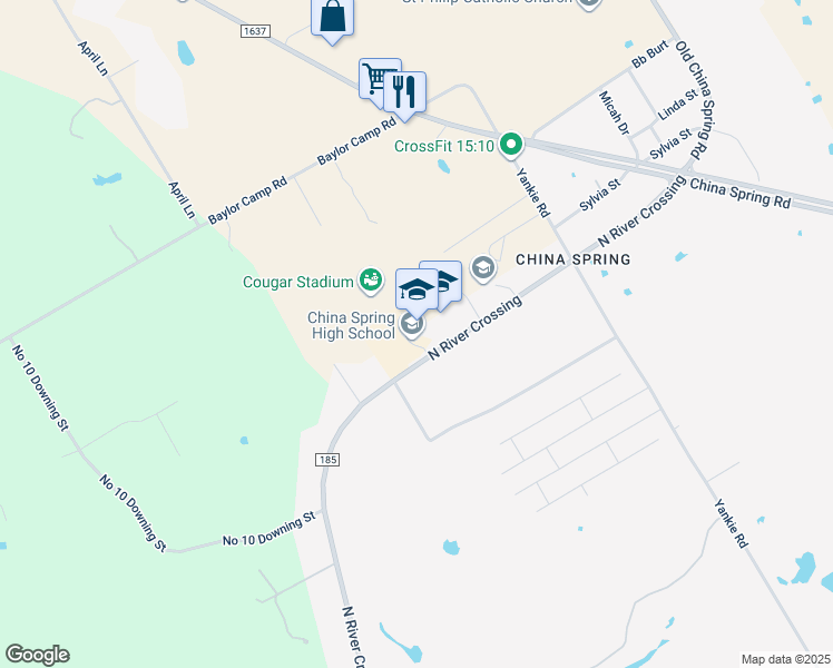 map of restaurants, bars, coffee shops, grocery stores, and more near 7301 North River Crossing in China Spring