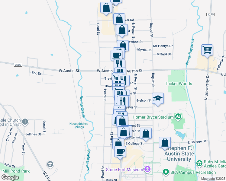 map of restaurants, bars, coffee shops, grocery stores, and more near 2805 North Street in Nacogdoches