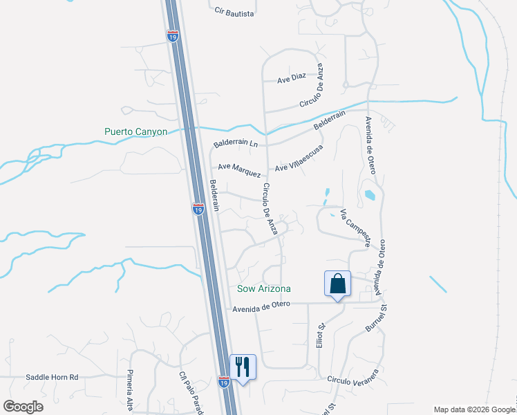 map of restaurants, bars, coffee shops, grocery stores, and more near 2302 Circulo De Anza in Tubac