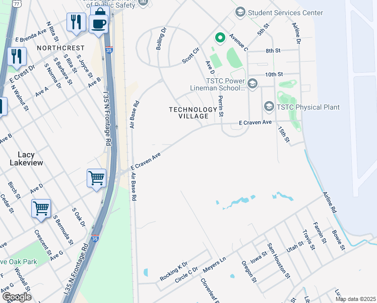 map of restaurants, bars, coffee shops, grocery stores, and more near 204 Brooks Lane in Waco