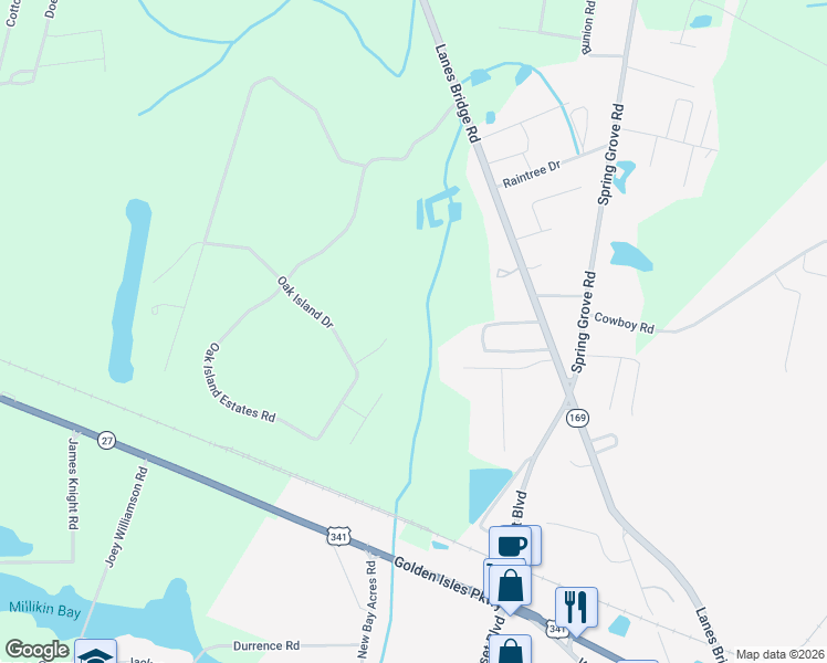 map of restaurants, bars, coffee shops, grocery stores, and more near 104 Yeoman's Way in Jesup