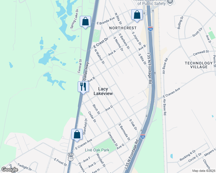 map of restaurants, bars, coffee shops, grocery stores, and more near 307 North Oak Drive in Waco