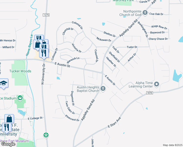 map of restaurants, bars, coffee shops, grocery stores, and more near 1525 East Austin Street in Nacogdoches