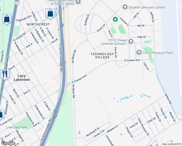 map of restaurants, bars, coffee shops, grocery stores, and more near 312 Maxwell Lane in Waco