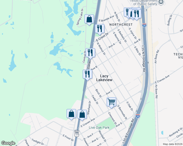 map of restaurants, bars, coffee shops, grocery stores, and more near 400 N Lakeview Dr in Waco