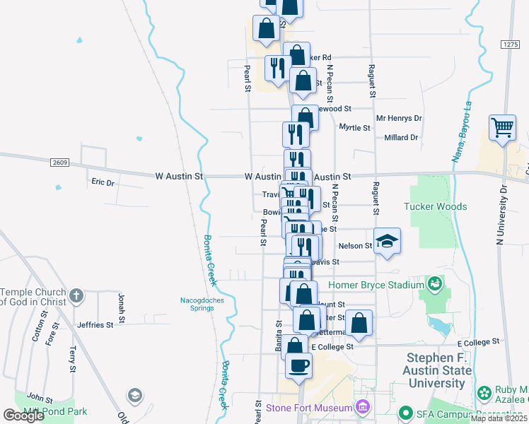 map of restaurants, bars, coffee shops, grocery stores, and more near 2898 Pearl Street in Nacogdoches