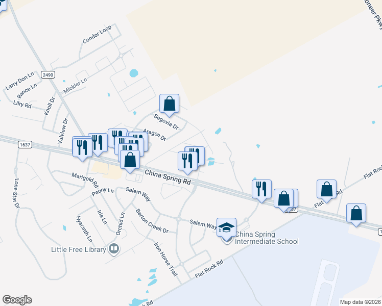 map of restaurants, bars, coffee shops, grocery stores, and more near 9917 Bridlewood Lane in Waco