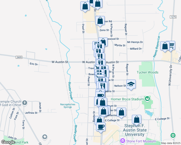map of restaurants, bars, coffee shops, grocery stores, and more near 217 Travis Street in Nacogdoches