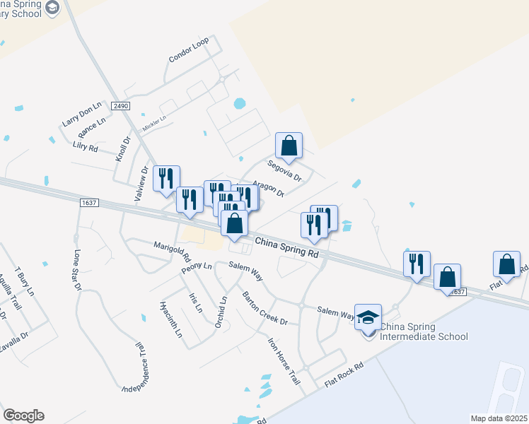 map of restaurants, bars, coffee shops, grocery stores, and more near 10129 Valencia Drive in Waco