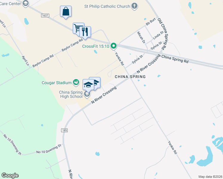 map of restaurants, bars, coffee shops, grocery stores, and more near 7201 North River Crossing in China Spring