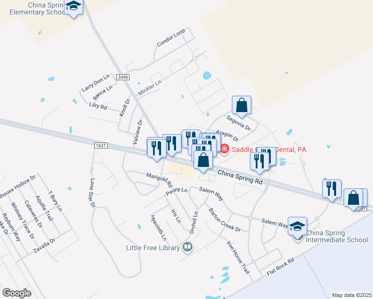 map of restaurants, bars, coffee shops, grocery stores, and more near 10120 Granada Drive in Waco