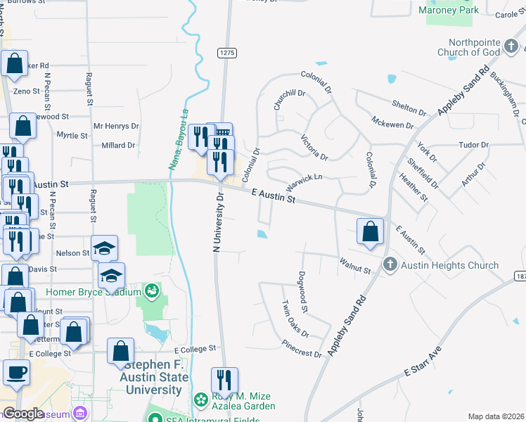 map of restaurants, bars, coffee shops, grocery stores, and more near 15 Austin Hollow Circle in Nacogdoches