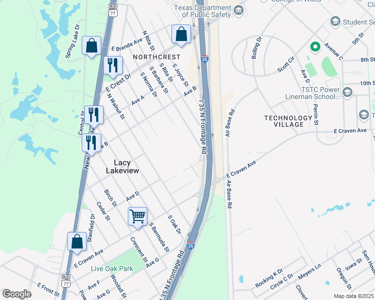 map of restaurants, bars, coffee shops, grocery stores, and more near 1106 Hooks Street in Waco