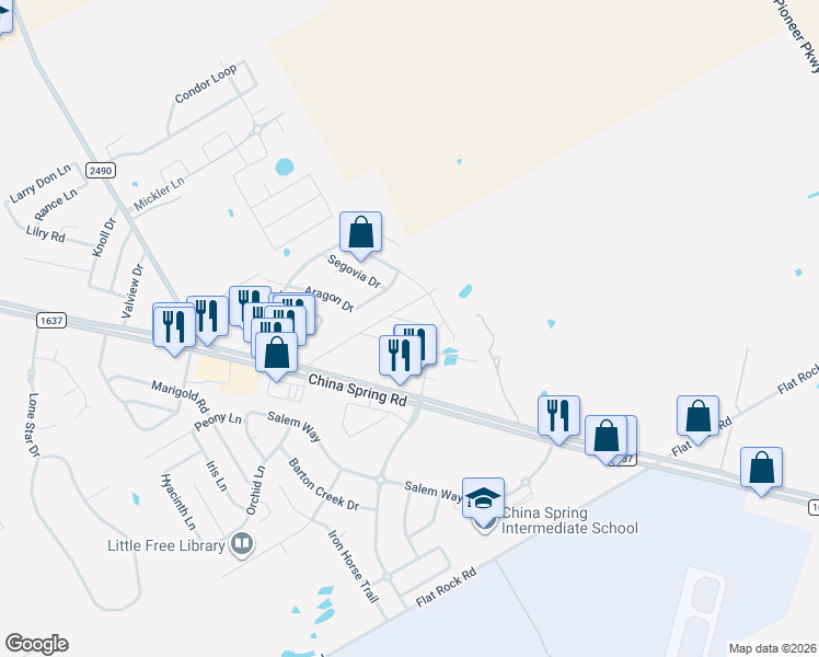 map of restaurants, bars, coffee shops, grocery stores, and more near 9917 Bridlewood Ln in Waco