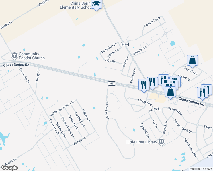 map of restaurants, bars, coffee shops, grocery stores, and more near 10720 China Spring Road in Waco