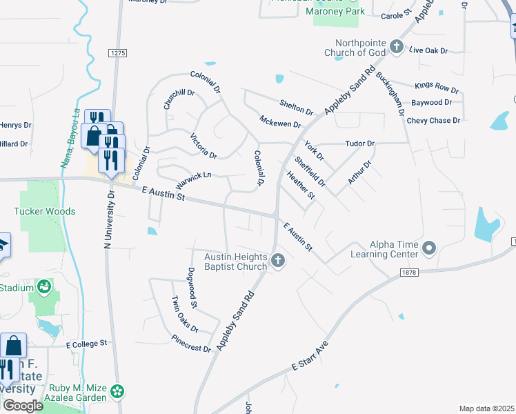 map of restaurants, bars, coffee shops, grocery stores, and more near 129 Shady Trail in Nacogdoches
