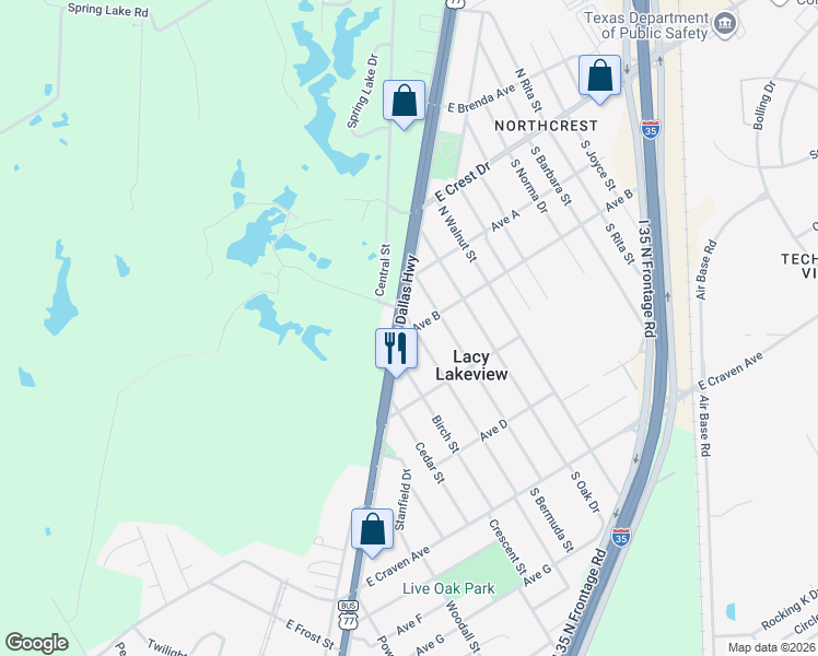 map of restaurants, bars, coffee shops, grocery stores, and more near 400 North Lakeview Drive in Waco