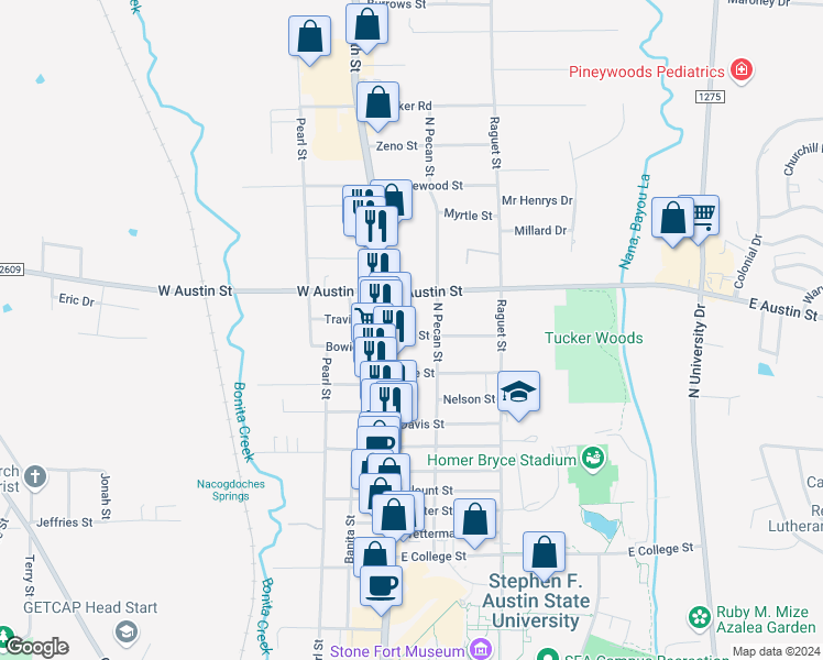 map of restaurants, bars, coffee shops, grocery stores, and more near 119 Elm Street in Nacogdoches