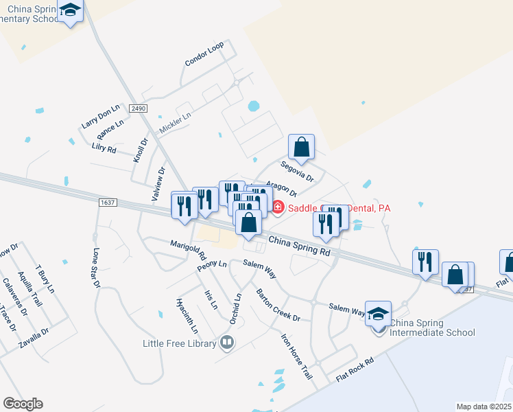 map of restaurants, bars, coffee shops, grocery stores, and more near 10104 Valencia Drive in Waco